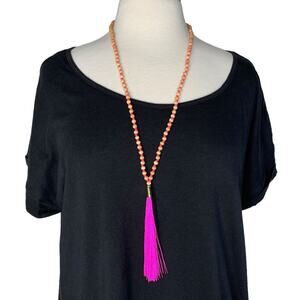 SHIRALEAH New Wood & Pink Beaded Bali Fringe Statement Necklace Giftable